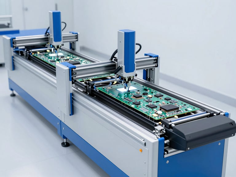 Wide panoramic shot of an automated LED pick and place machine, with multiple placement heads working simultaneously on a long PCB panel. Clean factory floor, bright cool studio lighting, blue and silver highlights.
