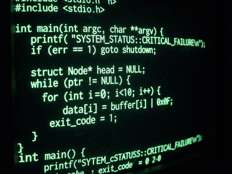 Extreme close-up of a vintage CRT monitor displaying green monospaced terminal code, harsh scan lines, deep shadows, high contrast, 35mm film grain.
