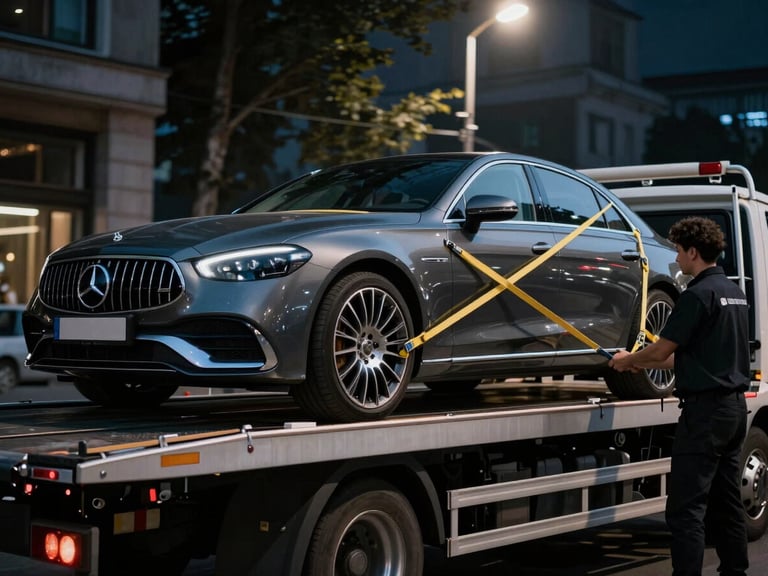 Close-up of a high-end luxury car being gently loaded onto a modern flatbed tow truck in Beşiktaş, showing secure strapping and professional handling, cinematic street lighting, sharp focus, 35mm lens.