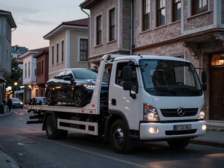 Compact, modern tow truck expertly maneuvering through a narrow, historic street in Beşiktaş, Istanbul, at dusk, professional automotive photography, deep moody tones, sharp focus.