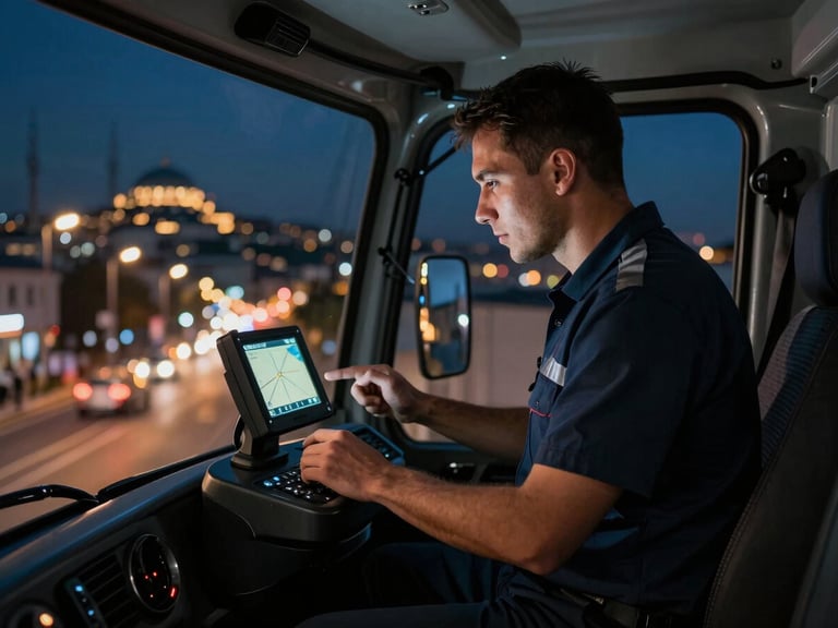 Professional tow truck operator in a clean uniform, looking at a GPS device inside a modern tow truck cabin, with Istanbul city lights blurred in the background, cinematic night-time, deep moody tones.
