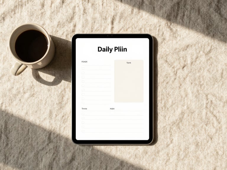 Overhead flat-lay of an iPad displaying a minimal warm-toned daily planner template, next to a ceramic coffee mug on a light linen tablecloth, soft morning shadows.