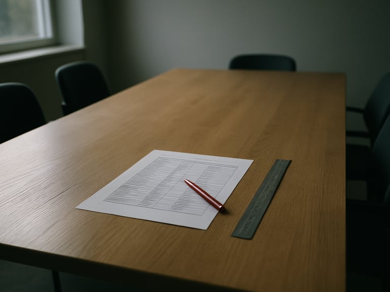 Wide environmental shot of a sparse consultation workspace — a long table with a printed media contact list, a ruler, and a red pen mid-annotation, empty chairs visible, soft north-facing daylight across the surface