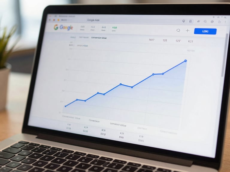 Close-up of a Google Ads dashboard on a laptop screen showing conversion volume chart trending sharply upward, clean daylight office setting, tight crop on the metrics panel with KPI numbers legible