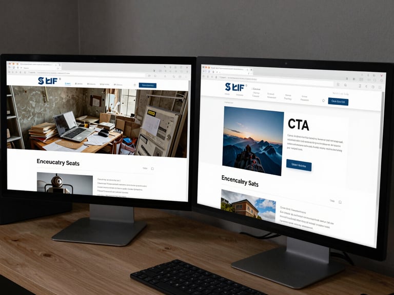 Side-by-side before-and-after browser screenshots on a monitor, left half showing an outdated cluttered website, right half showing a clean redesigned version with clear CTA, daylight studio, overhead angle