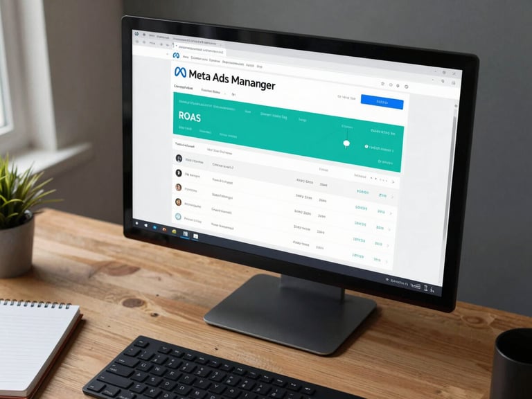 Wide overhead desk shot, a monitor showing a Meta Ads Manager dashboard with ROAS metric highlighted in teal, campaign rows visible, daylight from left, keyboard and notebook at bottom edge of frame