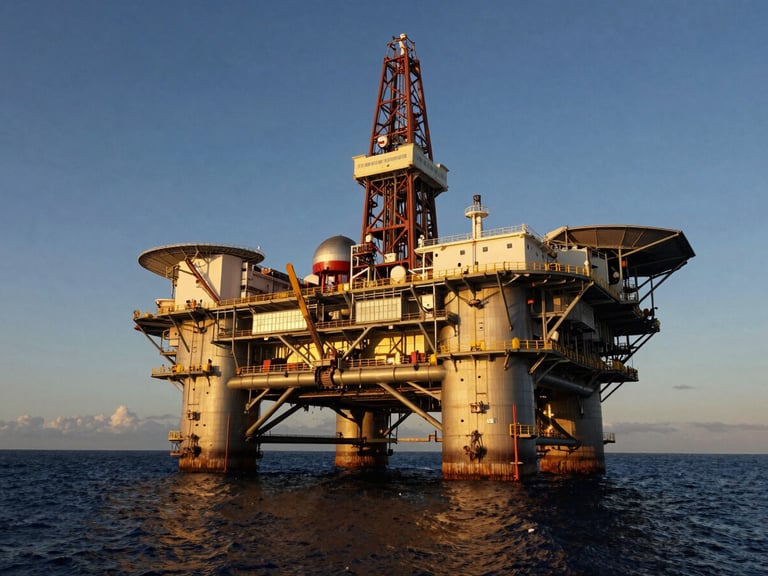 Low-angle hero shot of a massive offshore oil platform under dramatic golden hour light, deep navy water, industrial scale