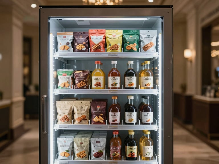 Close-up environmental shot of a premium automated retail machine interior — neatly arranged artisan snack packaging and small-batch beverage bottles behind glass, soft even studio lighting, no reflections, warm charcoal frame visible at edges, architectural detail of a luxury hallway softly out of focus behind