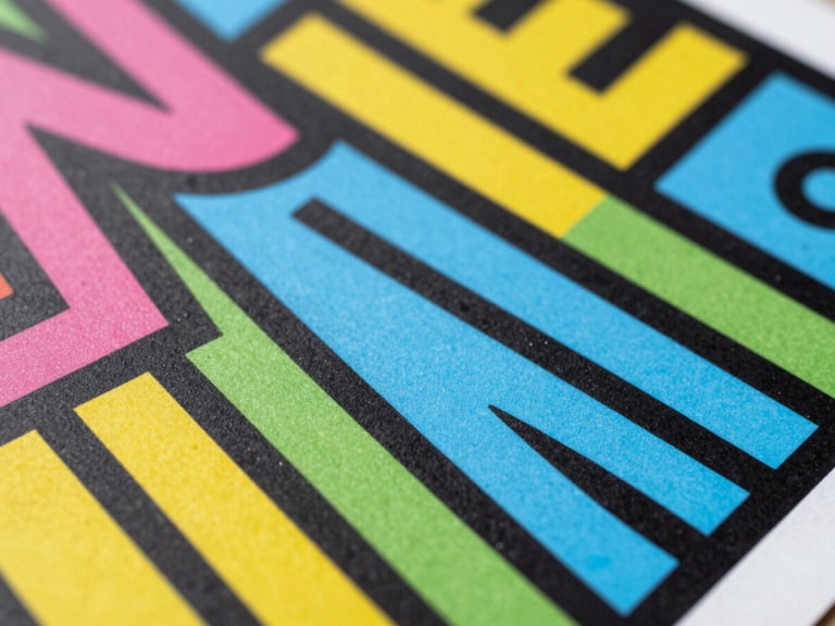 Extreme close-up of a vibrant Neo-Pop graphic poster with thick black lines, direct studio flash, sharp drop shadow.