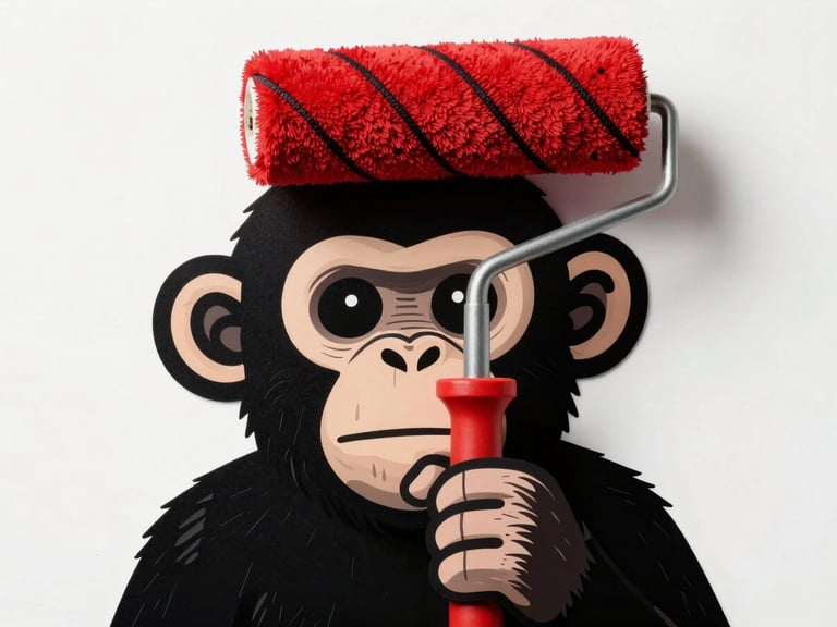 A bold graphic illustration of a stylized monkey hand holding a dripping red paint roller, thick black outlines, zine aesthetic, stark white background.