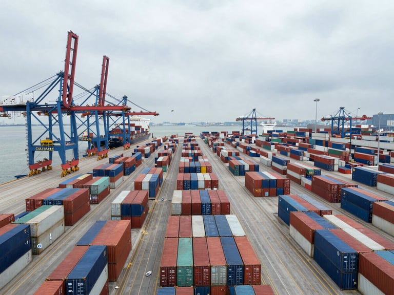 Overhead wide-angle view of a working container port at overcast midday, rows of multicolour shipping containers arranged in precise blocks, two gantry cranes visible at far left, a cargo vessel moored at the quay, no people visible, scale and order dominant