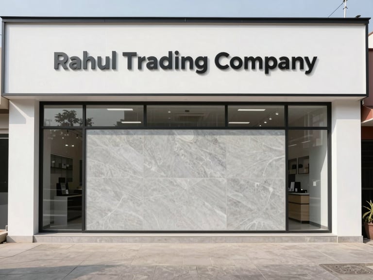 Wide-angle architectural elevation of the modern Rahul Trading Company showroom in Jagatpura, displaying large-format vitrified slabs under bright neutral daylight.