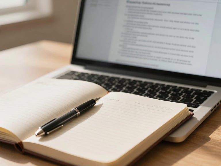 Close-up shot of a modern digital workspace, with a laptop displaying legal documents, a high-quality notebook, and a pen, bathed in soft natural daylight with warm gold undertones, shallow depth of field.