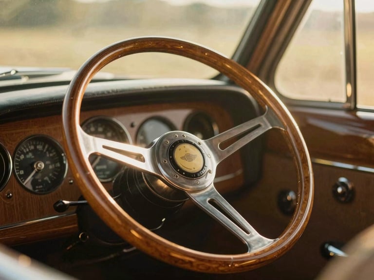 Close-up of a vintage luxury vehicle steering wheel crafted in warm wood and polished metal, soft golden hour sunlight filtering through the windshield, shallow depth of field.