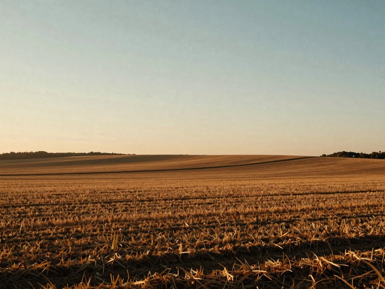 Wide environmental landscape of sun-drenched agricultural fields at golden hour, soft warm shadows, low-angle natural sunlight, medium format film
