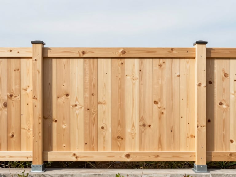 Straight-on architectural elevation of a heavy timber wood fence, showing clean joinery and reinforced steel post base, high-contrast morning light, level tools.