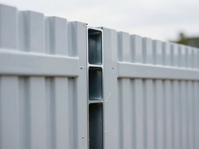 Close-up of a commercial-grade vinyl fence panel, showing internal steel reinforcement ribs through a cross-section detail, sharp focus, crisp daylight, blueprint style.