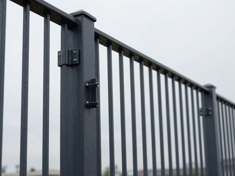 Low-angle shot of a dark powder-coated steel fence section, perfectly aligned posts stretching into the distance, crisp overcast daylight highlighting the texture, heavy industrial latch in foreground, clean lines.