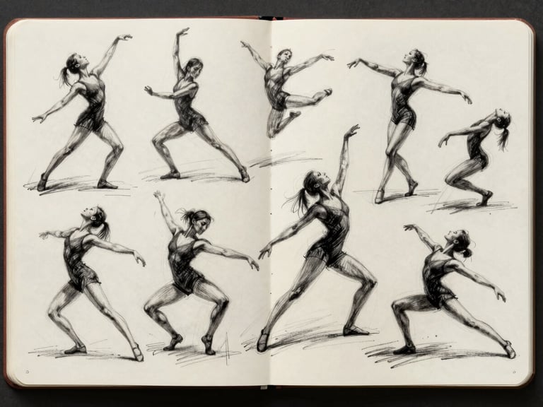 A wide panoramic digital sketchbook page filled with rapid gesture drawings of dancers, capturing fluid motion and weight with charcoal-like digital strokes.
