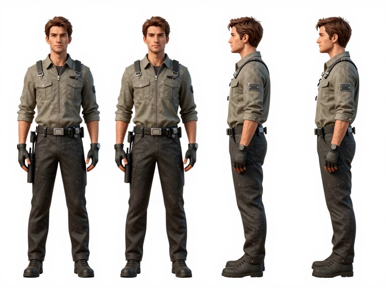 Character turnaround sheet, front, three-quarter, and profile views of a technical sci-fi engineer, clean digital lines, flat neutral colors, isolated on absolute white background.