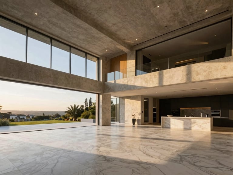 Sun-drenched luxury villa interior with massive double-height concrete ceilings, polished white marble floors, sharp geometric shadows from high midday sun.