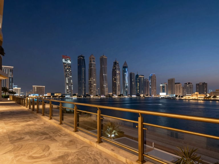 Dramatic high-angle twilight view of a luxury penthouse terrace overlooking Dubai Marina, brushed brass railings, deep navy evening sky.