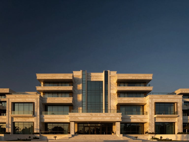 Dusk wide-angle view of Palm Jumeirah luxury villa architecture, sun-drenched marble and glass facade