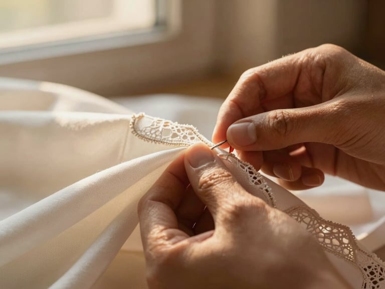 Hands of an artisan meticulously stitching delicate lace onto fine ivory silk fabric, warm golden hour light, macro detail shot of fabric grain, 35mm