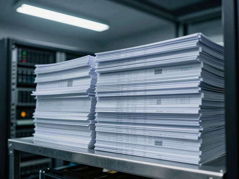 Structured operational binders and technical documentation stacked neatly on a metallic surface in a data center, cool fluorescent light, 35mm lens