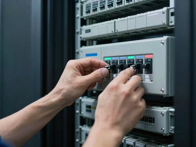 Close-up of a data center technician's hands adjusting controls on a complex electrical panel, crisp cool industrial lighting, sharp focus, 35mm lens