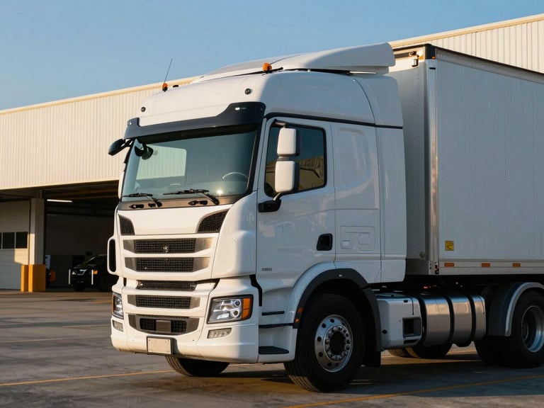 Close-up of a clean, modern white semi-truck cabin parked at a high-contrast industrial logistics terminal in Jacksonville, crisp morning sun, architectural framing