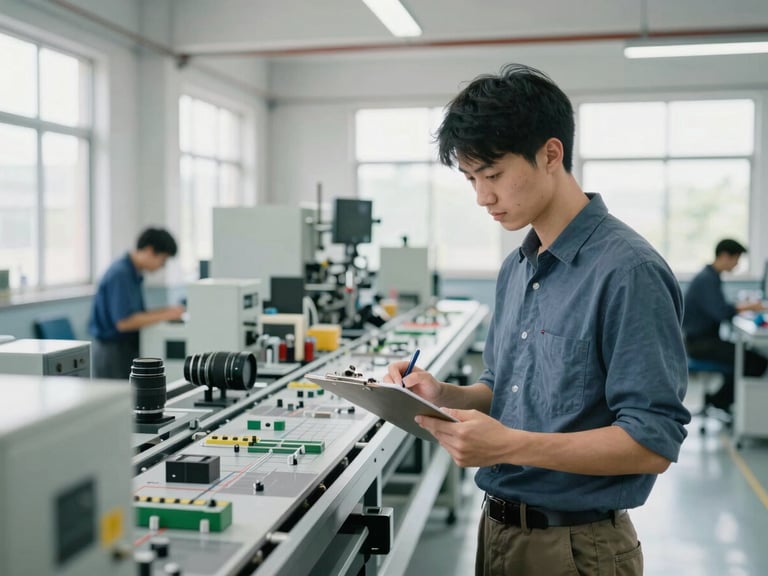 Bright natural daylight, industrial engineering student with a clipboard analyzing a production line layout in a local manufacturing workshop, clean workspace, 35mm lens