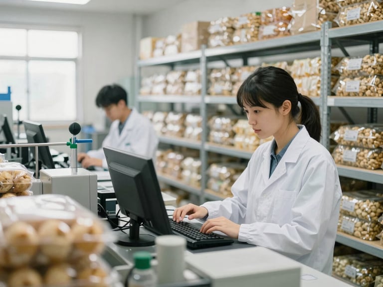 Industrial engineering student analyzing physical production lines and inventory racks in a bright, clean local food packaging facility, realistic tones
