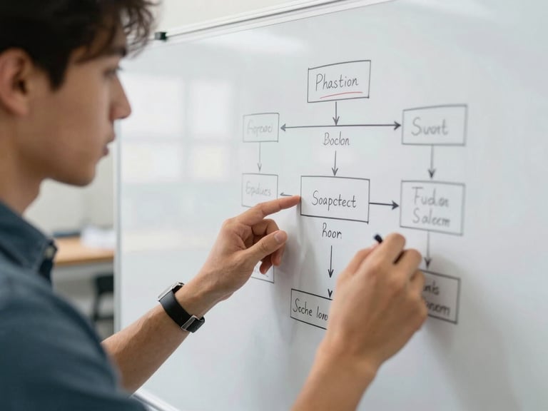 Close-up of hands-on problem solving, engineering student and business owner reviewing a physical process flowchart on a clean whiteboard in a bright workshop