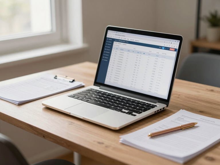 High-quality desk setup with a laptop showing a clean accounting dashboard, gold accents, neat paperwork, soft natural window light, warm editorial photography