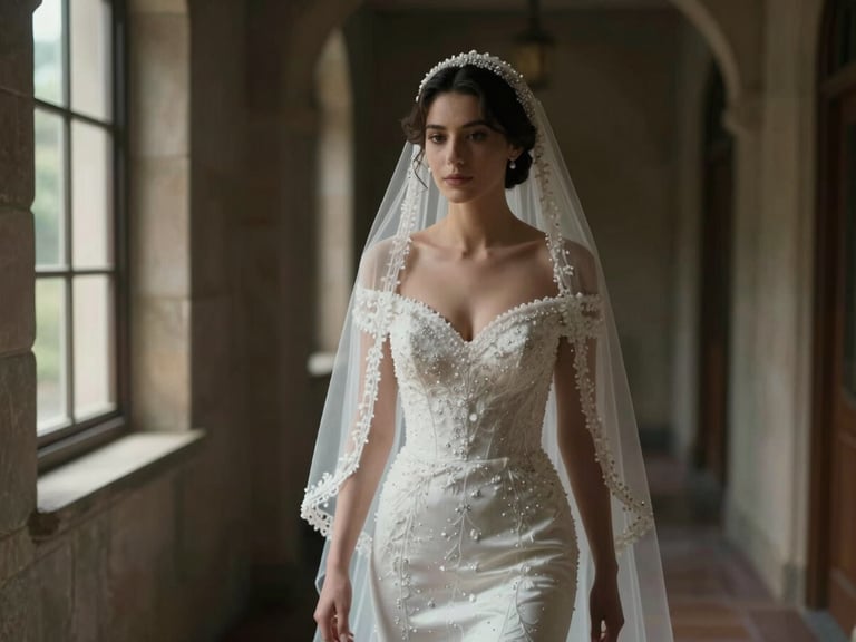 Cinematic 16:9 grain-textured still of a bride walking down a dim stone corridor, soft window light highlighting the veil, dark-room atmosphere.