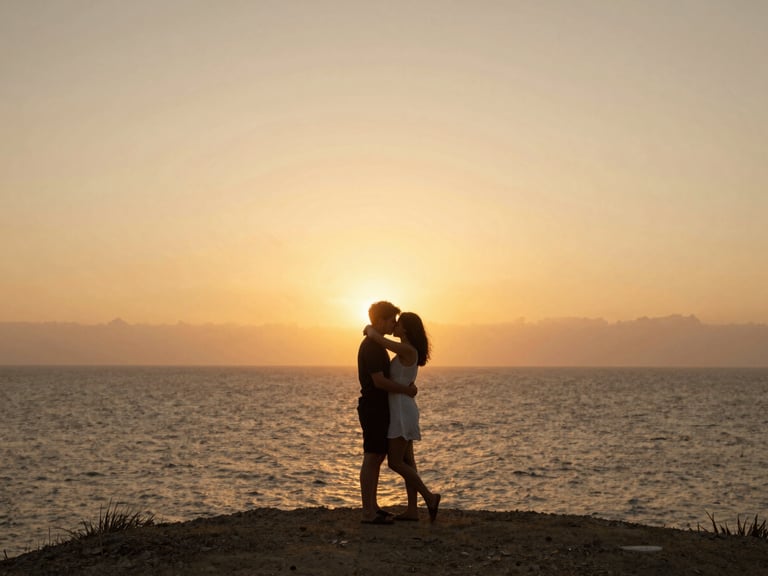 Plano cinematográfico amplio de una pareja abrazada en un acantilado frente al mar al atardecer, luz dorada de contra, siluetas suaves, atmósfera de película de autor.