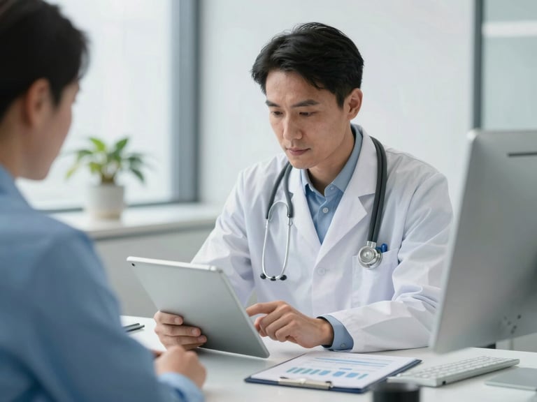 An executive practice administrator analyzing financial metrics on a tablet screen in a brightly lit, professional healthcare office.