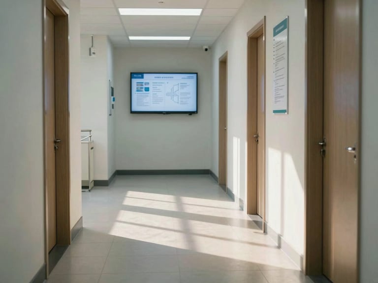 A clean, modern medical office corridor with natural daylight casting soft shadows on slate floor tiles, technical charts on a distant screen
