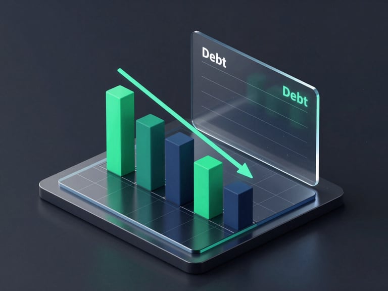 Isometric 3D render of a dark mode financial dashboard. Glowing emerald green and deep indigo bar charts showing debt balances descending to zero. Sleek glassmorphic panels, crisp studio light reflecting off metallic grid lines, dark slate background.