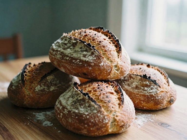 Close-up editorial 35mm film shot of fresh artisanal sourdough loaves stacked on a wooden table, flour dusting the crusts, warm morning window light, shallow depth of field.