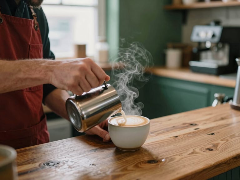 Hands of a barista pouring latte art into a ceramic cup at a wooden market counter, steam rising, soft natural lighting, rustic kitchen backdrop.