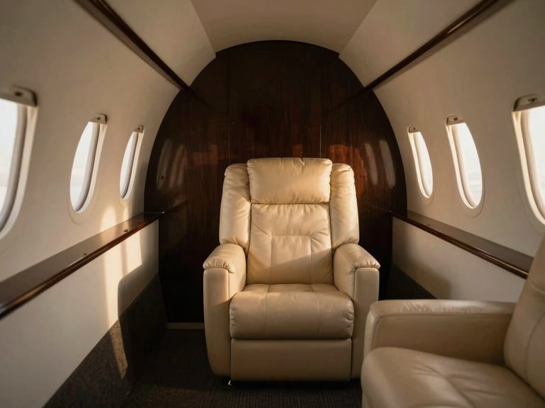 Cinematic luxury photography of a private jet interior at golden hour, deep shadows with warm champagne gold highlights, leather textures, 35mm anamorphic