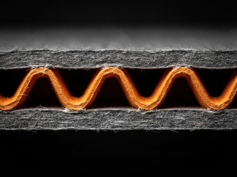 Extreme macro industrial photograph of a clean, sharp corrugated cardboard edge, showing the precise wave of the inner flute, bright high-contrast technical lighting, dark gray and orange tones.