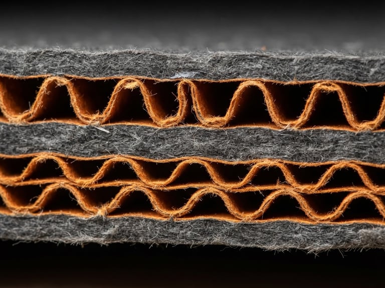 Extreme macro close-up of heavy-duty corrugated cardboard layers, clean industrial lighting, sharp focus on the structural paper flutes, orange and dark gray tones