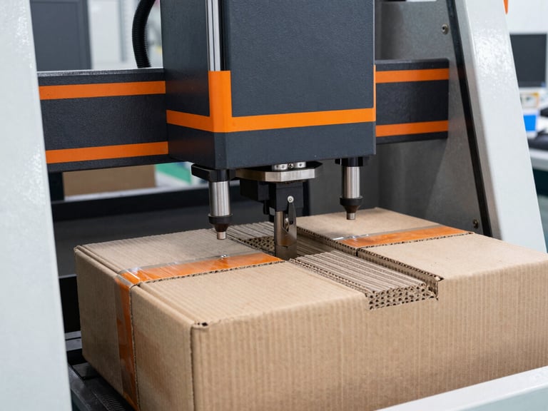 Sharp industrial photography of a heavy hydraulic compression testing machine crushing a corrugated carton, safety-orange accents, bright clean-room lighting.