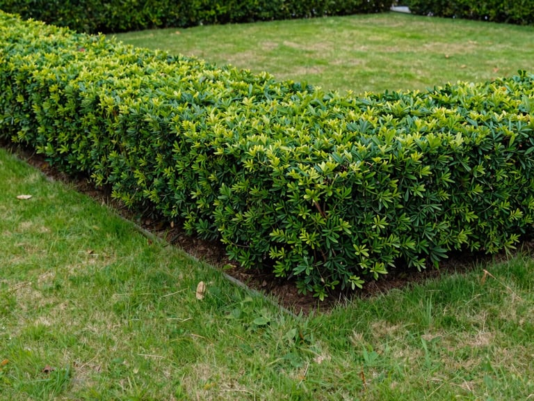A perfectly trimmed, dense green hedge bordering a manicured lawn, showing clean straight cuts and sharp corners, crisp editorial photography, 35mm lens