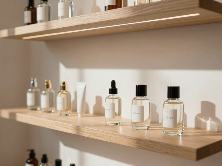 Elegant retail shelving in a high-end Milanese boutique, featuring minimalist glass bottles of cosmetics. Soft natural light casting gentle shadows across the clean, wooden display.