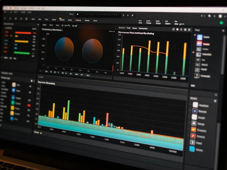 Close-up of a digital editing suite screen showing performance marketing analytics, charts and graphs, deep charcoal tones, high contrast.