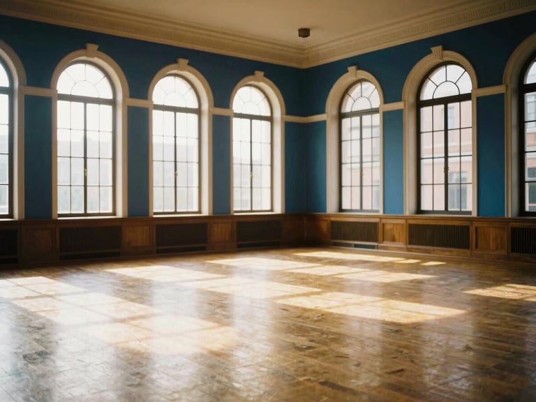 An empty historic meeting hall filled with natural light, high ceilings, arched windows, warm editorial photography, deep blues and rich gold tones, 35mm